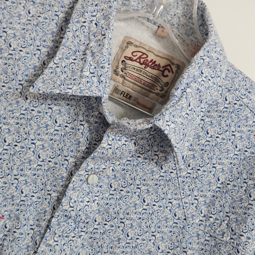 Rafter C Shirt Mens Large Blue Paisley Cowboy Collection ProFlex45 Pearl Snap SS